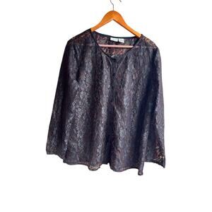 Vintage Newport News Women Lace Blouse Long Sleeve Top Black Size 12 Y2K